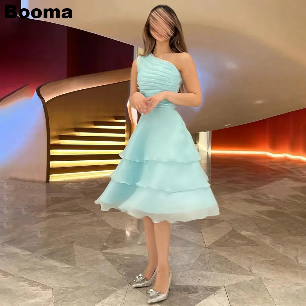 

Booma Baby Blue A Line Short Prom Dresses One Shoulder Tiered Organza Women's Formal Evening Dresses Party Events Gowns Dubai