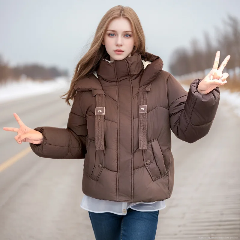 เสื้อแจ็คเก็ตพาร์กาสำหรับผู้หญิง สีพื้น แบบกระดุมแถวเดียว มีฮู้ด ทรงหลวม เสื้อโค้ทบุนวม สไตล์ลำลอง สำหรับผู้หญิง