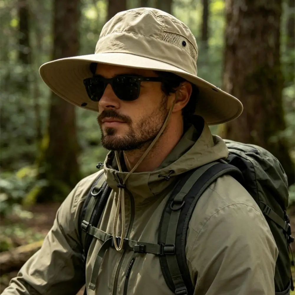 

UPF Sun Protection Bucket Hat Mesh Splicing Fisherman Cap Quick-Drying Foldable Wide Brim Windproof Outdoor Sun Hat