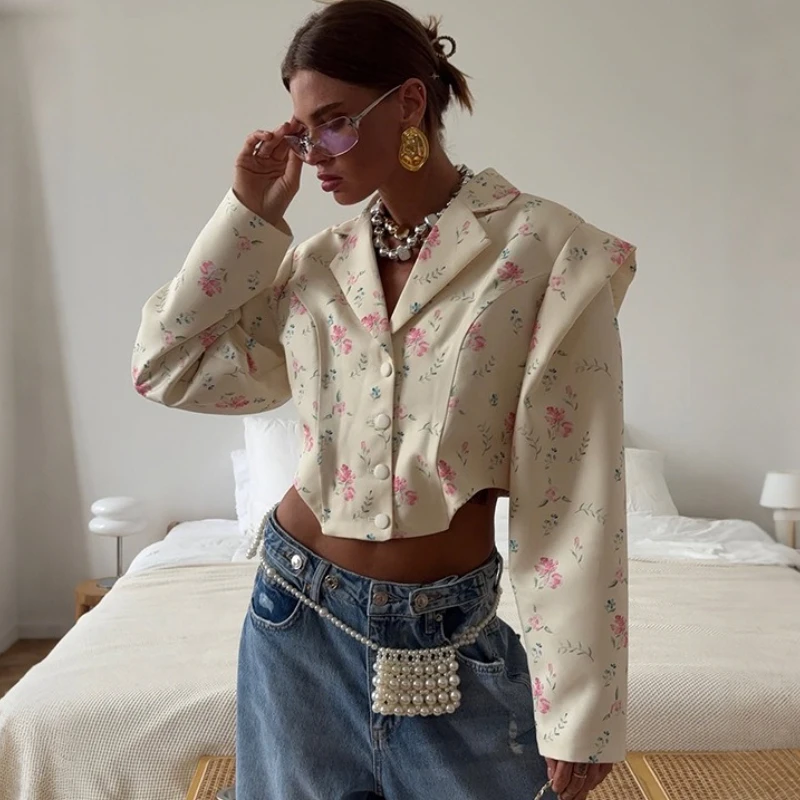 TARUXY Fashion Print Waist-Baring Coat Women's Loose Casual Sexy Suit Collar Single-Breasted Multi-Button Coat Autumn Clothing