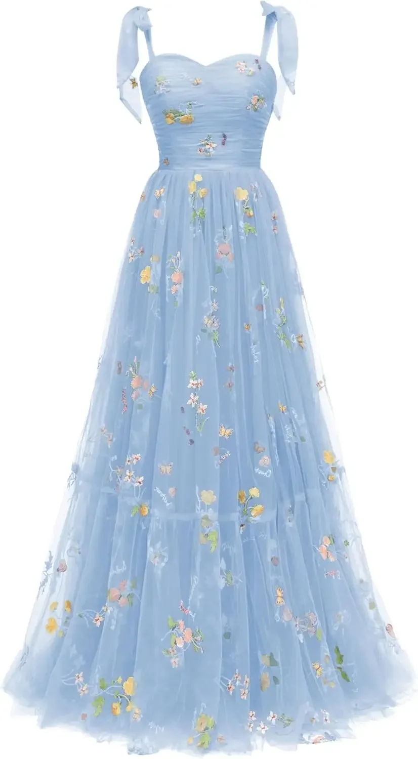 

2025 Custom Women’s Flower Embroidery Tulle Prom Dress with Puffy Sleeves Elegant Formal Gown Homecoming Dresses Party Dresses
