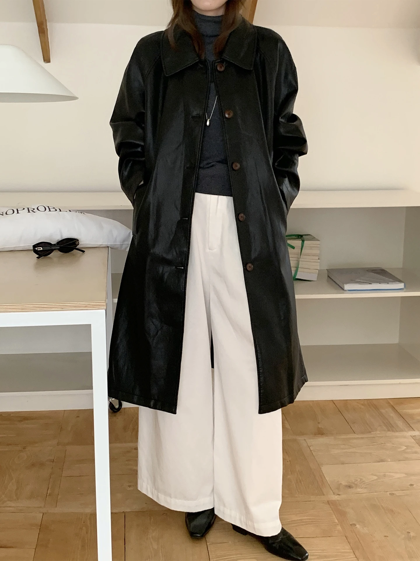 Ele Bla PU Couro Jaet Casaco Longo Feminino Gola Design Outono Inverno Vintage Elegante Sle Fixação de Botão Único