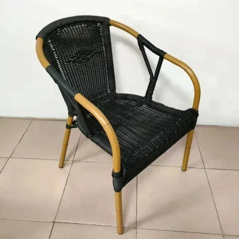 Outdoor braided rattan chair aluminum tube imitation wood grain metal chair balcony courtyard garden outdoor leisure chair
