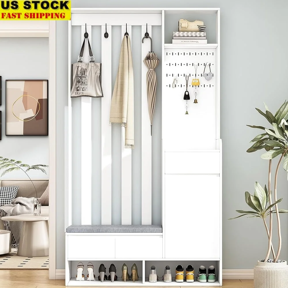 

Hall Tree with Storage Bench Multifunctional Shoe Cabinet Pegboard Coat Rack 4 Hooks Comfortable Seat Entryway Organizer