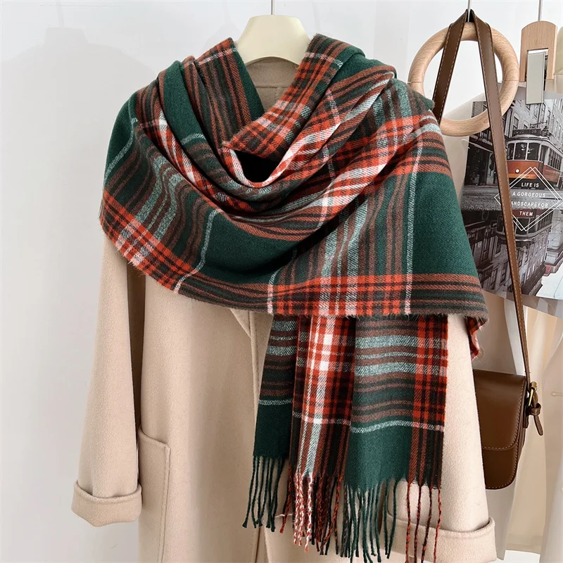 Winter Plaid Cashmere Like Blanket Women Scarf Design Thick Warm Pashmina Shawl Wraps With Tassel Poncho Stoles Echarpe