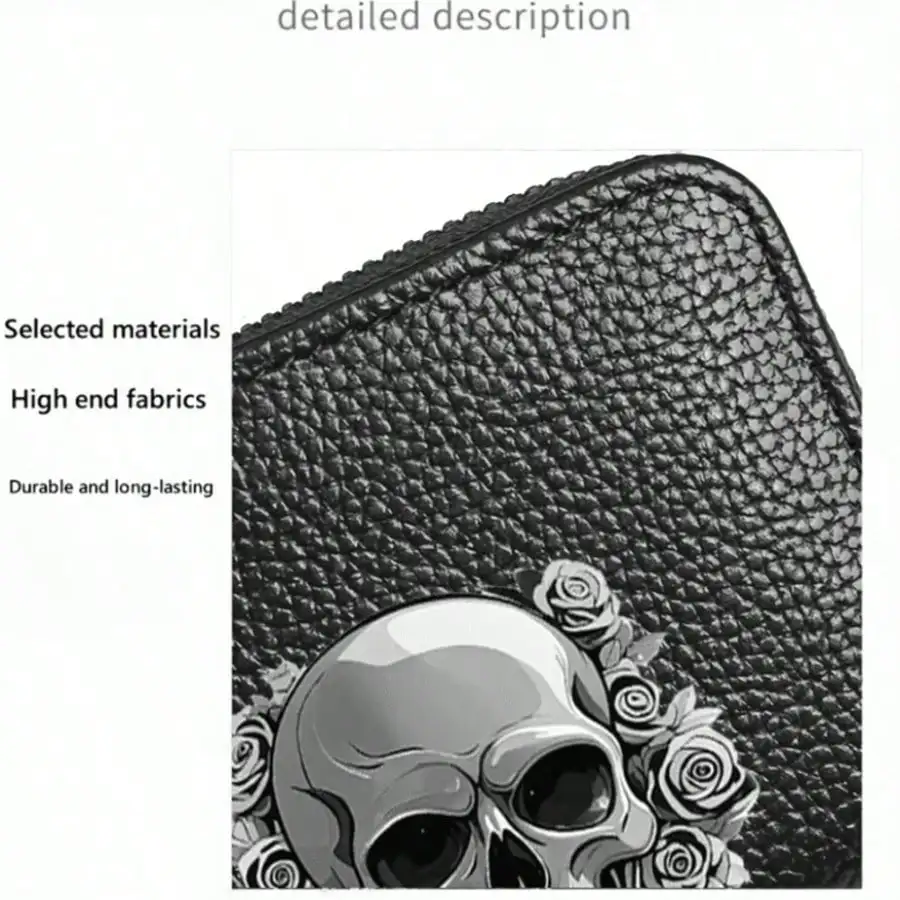 Gothic-Geldbörse mit Totenkopf-Blumendruck, multifunktionaler Kartenhalter, Münzgeldbörse mit Reißverschluss, einzigartiges Geschenk für Männer, Mini-Geldbörse, Kartenhalter – Detail 2