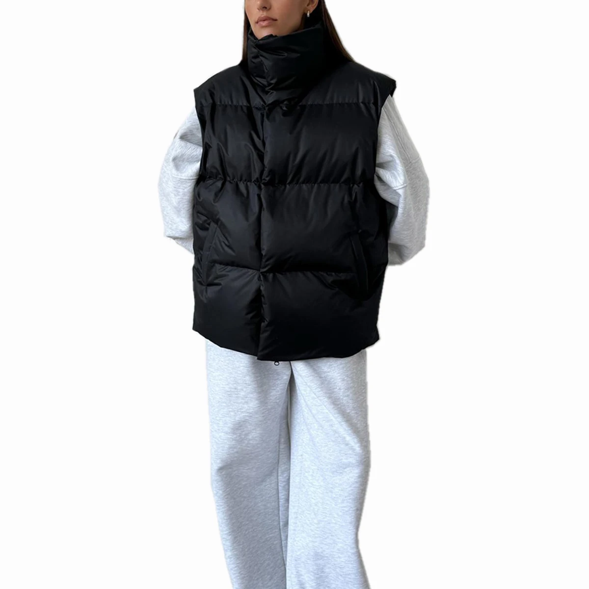 여성용 아우터웨어 캐주얼 조끼 다운 패딩 코튼 퀼팅 슬리브리스 퍼프 루즈 출퇴근용 패딩 겨울 방한 조끼