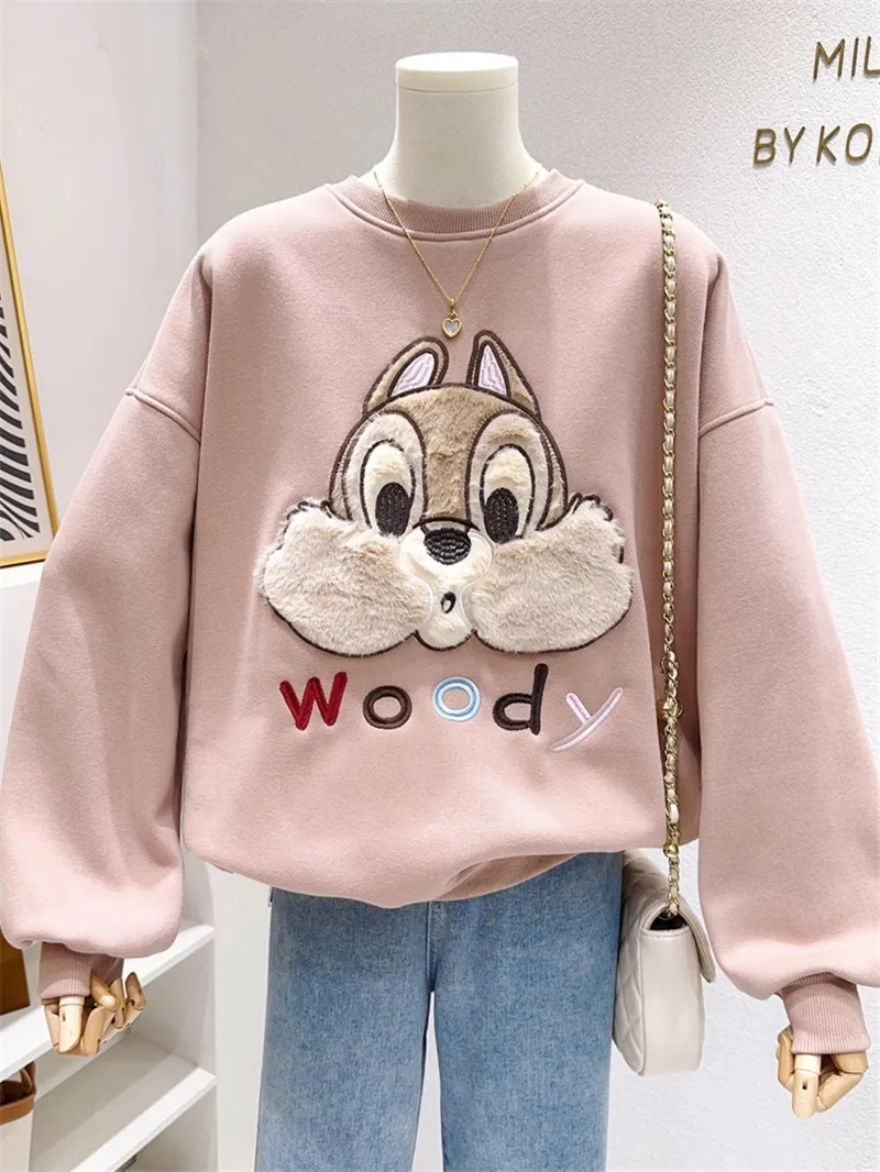 

Fleece Lined Sweatshirt Loose Casual Autumn Winter Style Cartoon Squirrel Design round Neck Korean Commute Style Long Sleeve