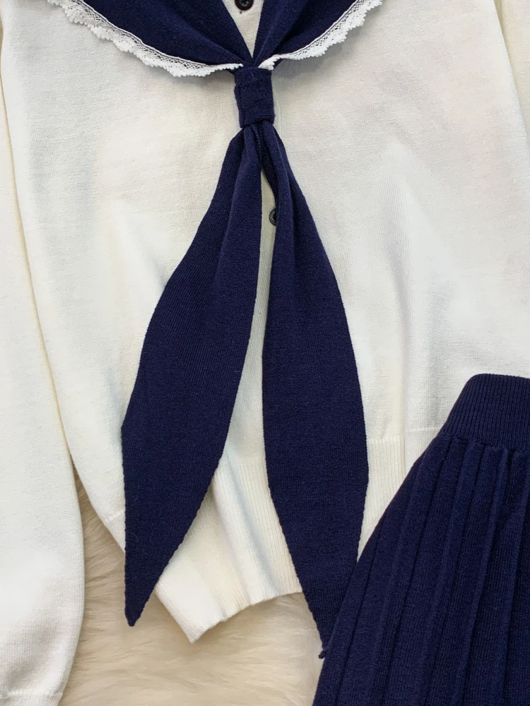 College style sweet lace-up lapel collar single breasted knitted top+high waist slimming striped pleated skirt two-piece set