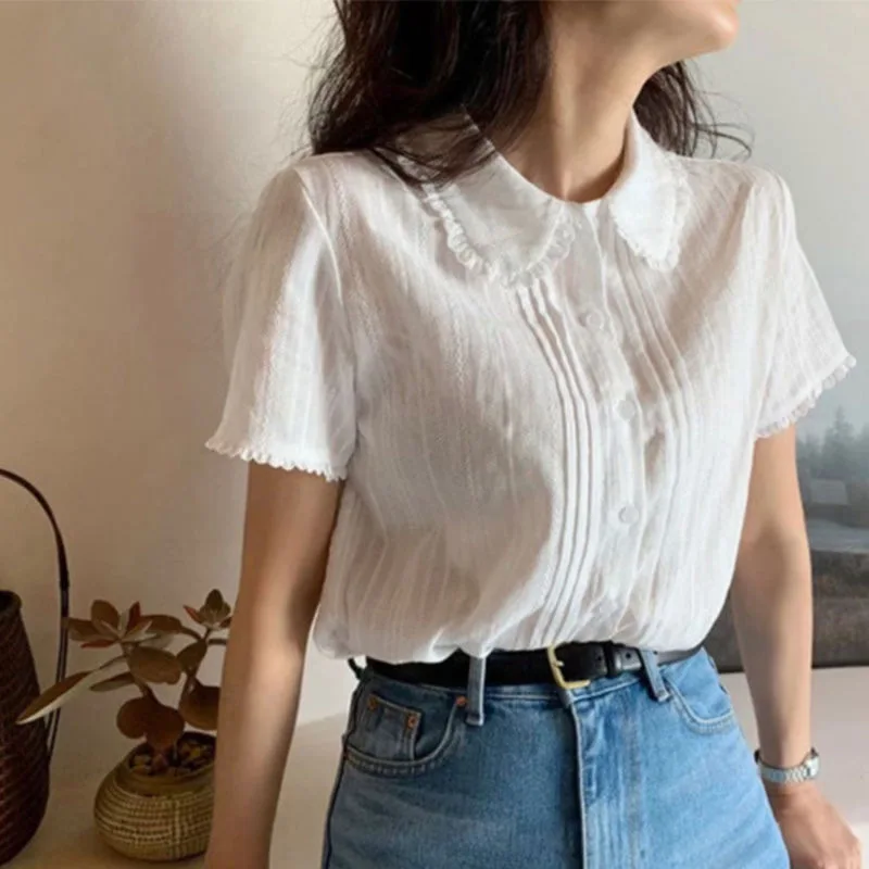 Korean Fashion Summer Shirts Women Sweet Lace Peter Pan Collar Students Kawaii Elegant Temperament Girlish Short Sleeve OL Chic