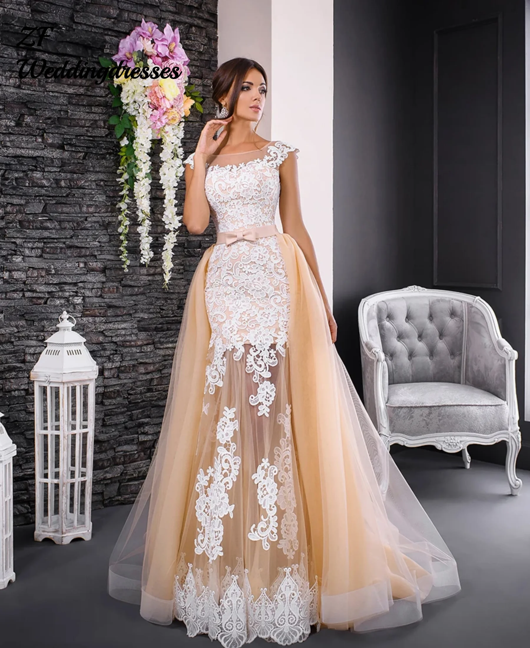 Customized Lace Tulle 2 Pieces Mermaid Wedding Dresses With Champagne Detachable Train Vestido De Noiva Vestido De Novia