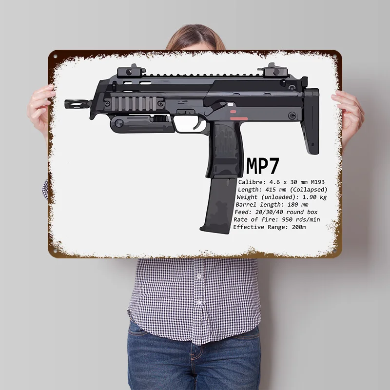 MP7 PDW Sub Machine Gun Tinplate Poster Customized Wall Art Retro Vintage Metal Signs for Fans Decoration Bedroom Room Ornaments