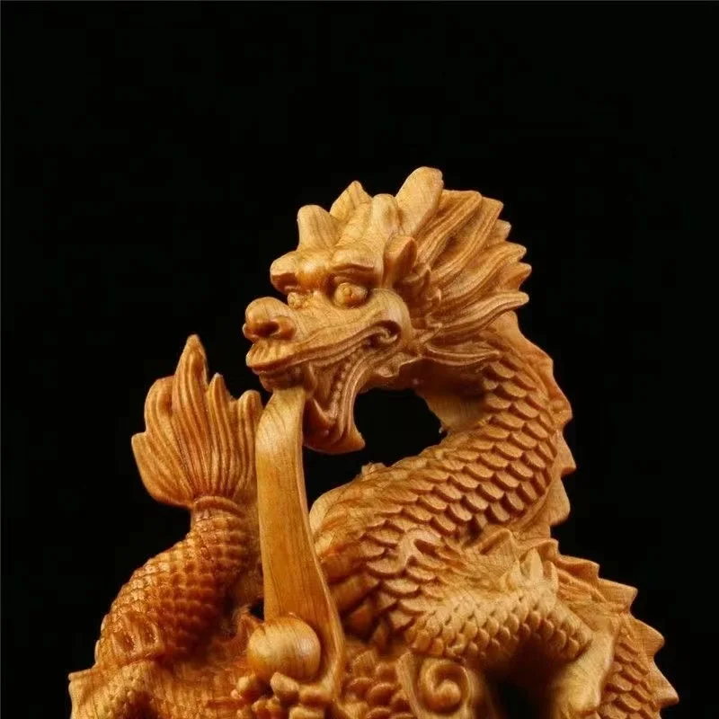 Natural Cypress Panlong Animals Statue  Zodiac Dragon ,China Home Room Office Features Figurines Year of the Dragon Gift