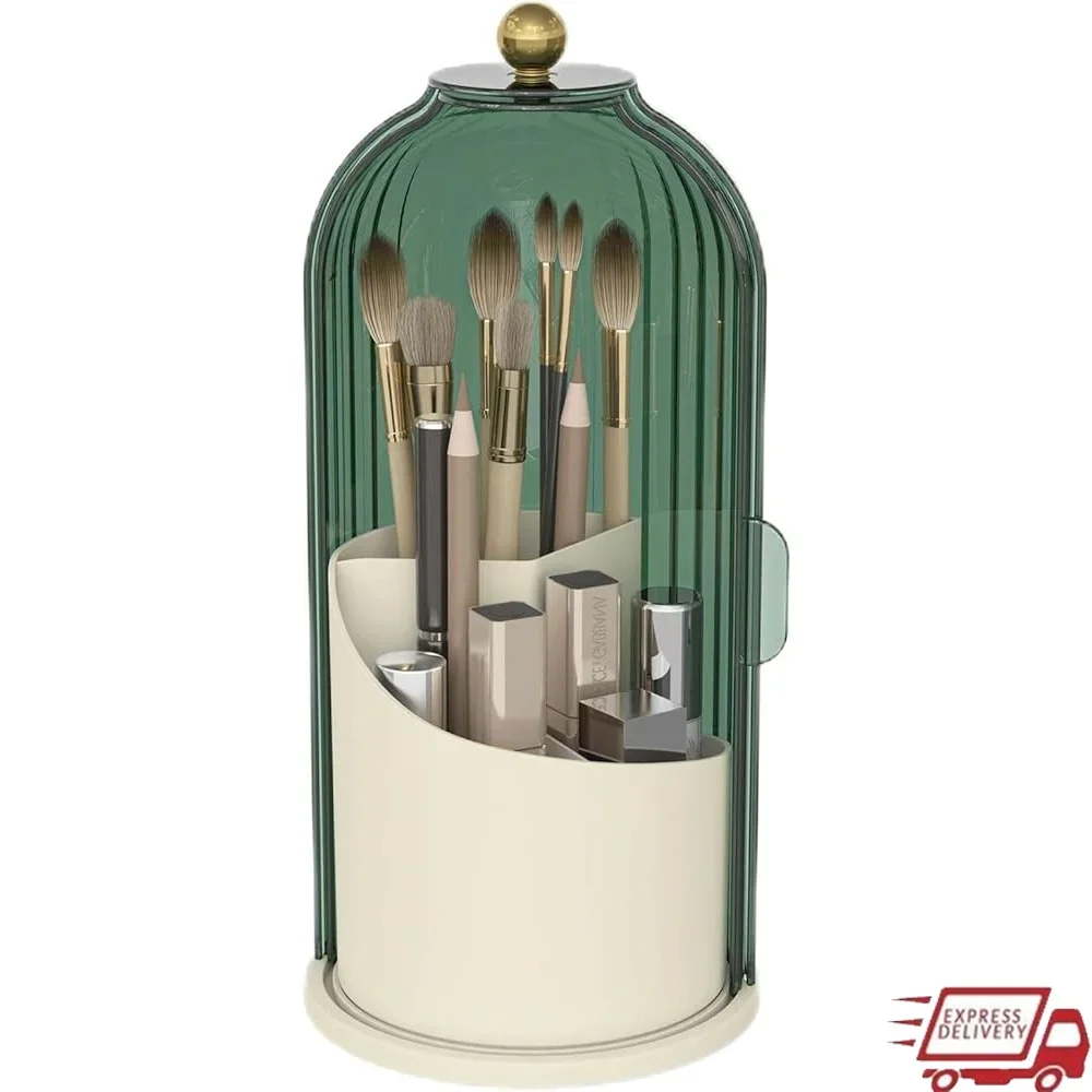 

360 Rotating Makeup Brush Holder Dustproof Cover Vanity Storage Organizer Brushes Lipsticks Eyeliners Cosmetics
