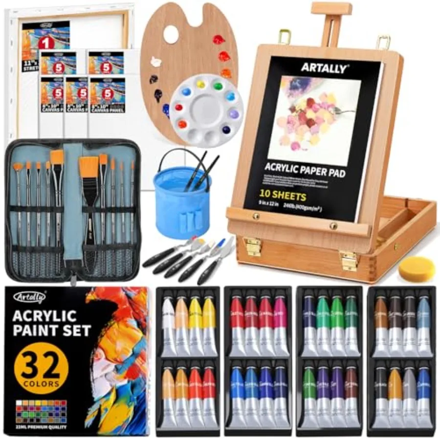 

66-Piece Acrylic Painting Kit with Desktop Easel, 32 Colors Acrylic Paint Set 22ML,Paint Brush Set and Case, Brush Basin, Compl