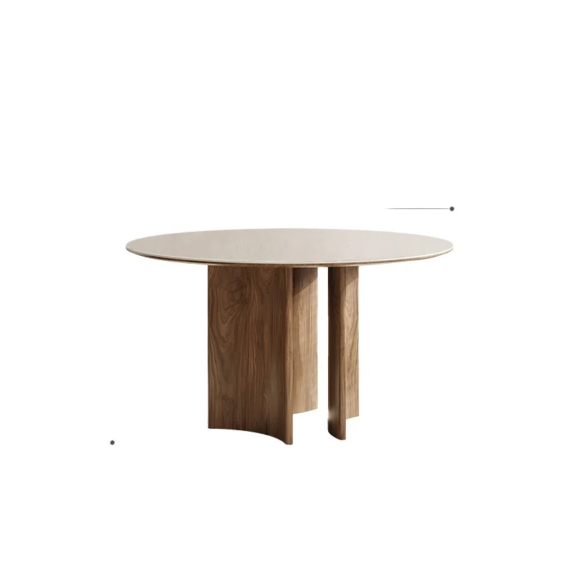 

French retro solid wood dining table round with turntable home modern simple style designer rock slab round table