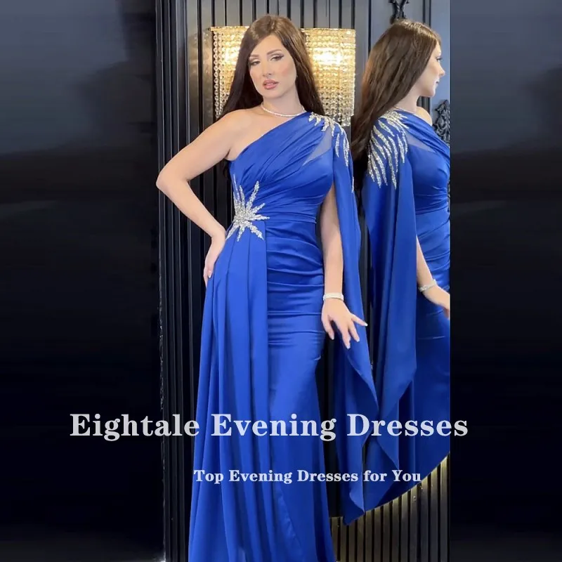 Eightale Elegant Evening Dresses One Shoulder Beaded Blue Mermaid Prom Wedding Party Dress Formal Arabic Satin Robes De Soirée