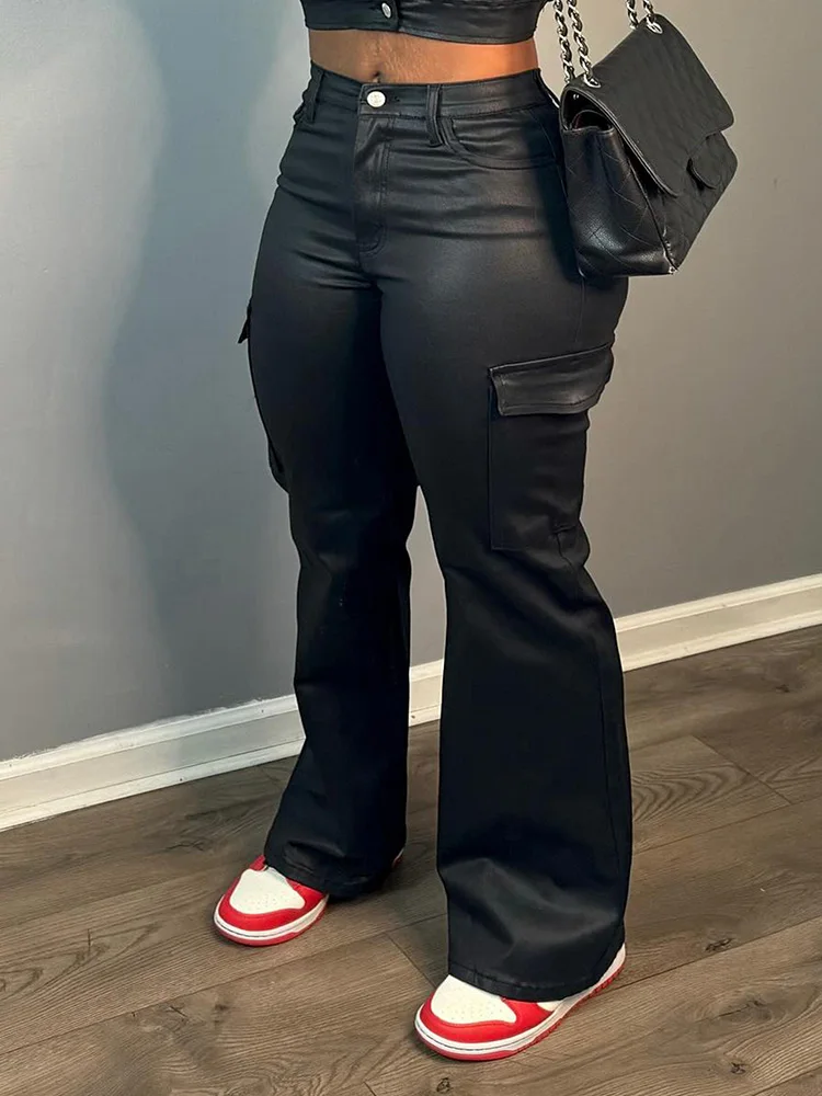 Calça reta feminina de couro sintético LW, casual, alta elasticidade, sólida, grande, calça feminina, plus size, nova, outono, 2022