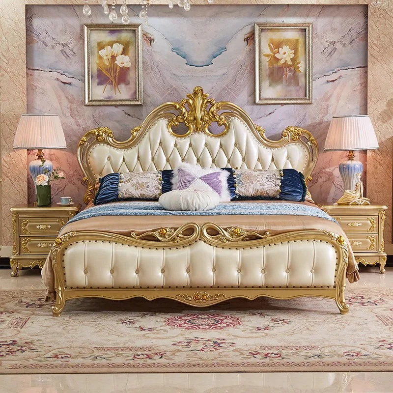 

-ab Modern Luxury European Royal Double Bed Set Genuine Leather with Solid Wood Frame for Home Villa Bedroom or Hotel Furniture