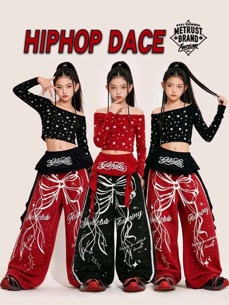 kids Jazz Dance Costume Girl Kpop Performance Clothing Black Vest Red Hip Hop Pants Kid Street Dance set Streetwear