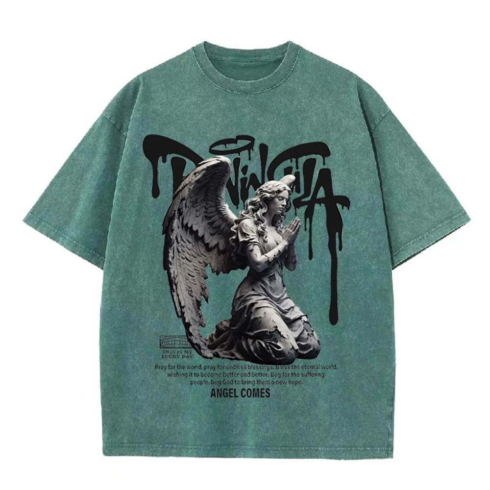 2026 Vintage Washed Beige Praying Angel Statue Graphic T Shirt Gothic Drip Letter Print Oversized Casual Short Sleeve Tee