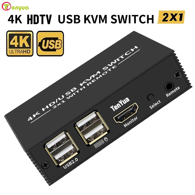 HDTV KVM Switch 2x1 4K HD USB Switch Selector 2 in 1 out with 4 Port USB Hub Desktop Controller Sharing Monitor Mouse Keyboard