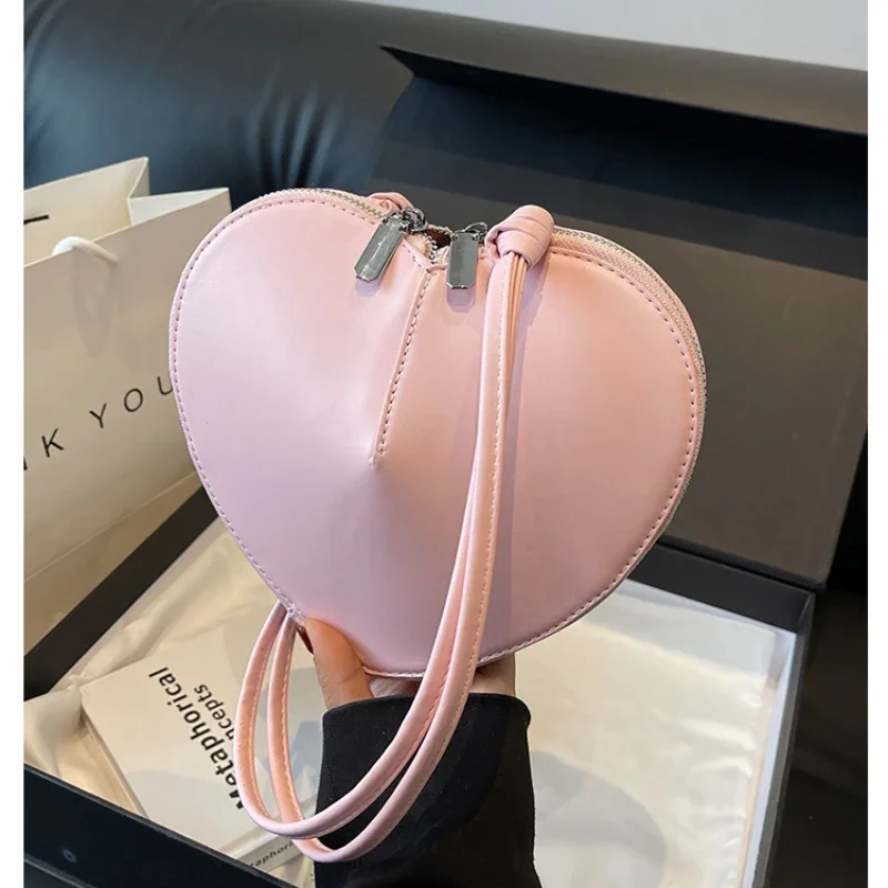 Hot Selling Fashion Heart Shape PU Shoulder Bag for Women 2024 High Quality Solid Color Casual Zipper Crossbody Bag Bolsa