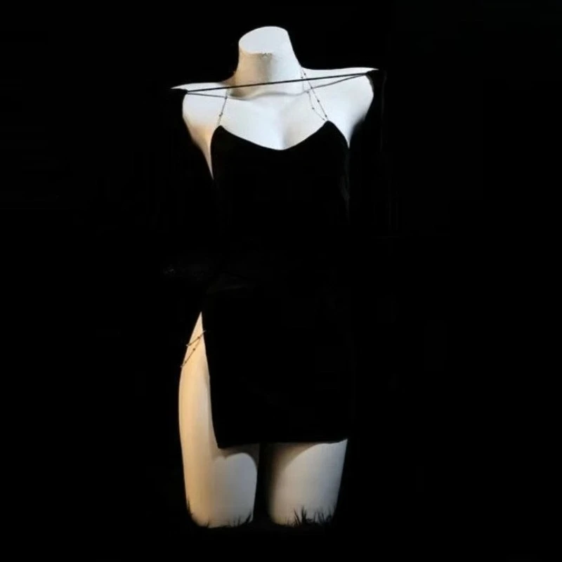 Sexy Rose Red Dress Women High Slit Velvet Nightdress Goddess Cosplay Costume Bodycon Nightdress Backless See Through Underwear view 4