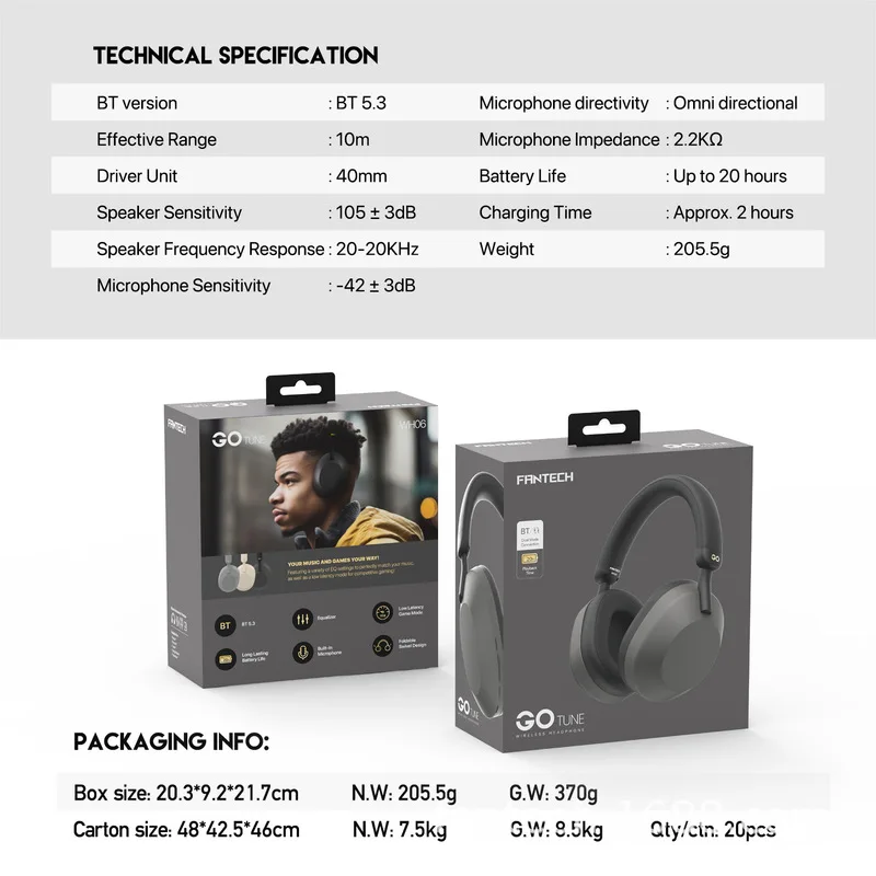 FANTECH GO TUNE WH06 سماعة لاسلكية تعمل بالبلوتوث سماعة الألعاب وضع مزدوج 40 مللي متر سائق 3.5 مللي متر كابل الصوت طويل التحمل سماعة هدية