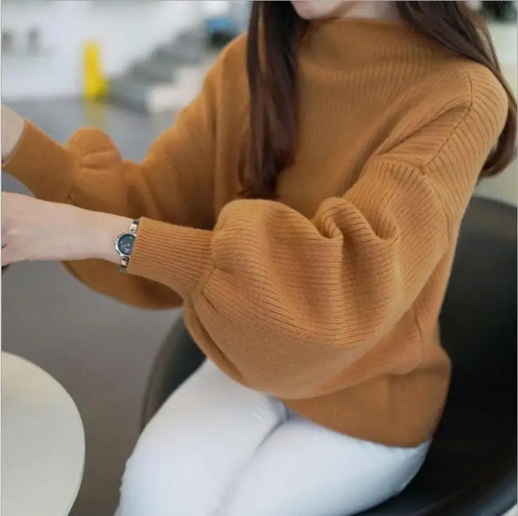 Autumn and Winter New Half High Neck Slimming Knit Sweater New Loose Solid Color Lantern Sleeve Bat Shirt Pullover Sweater Women