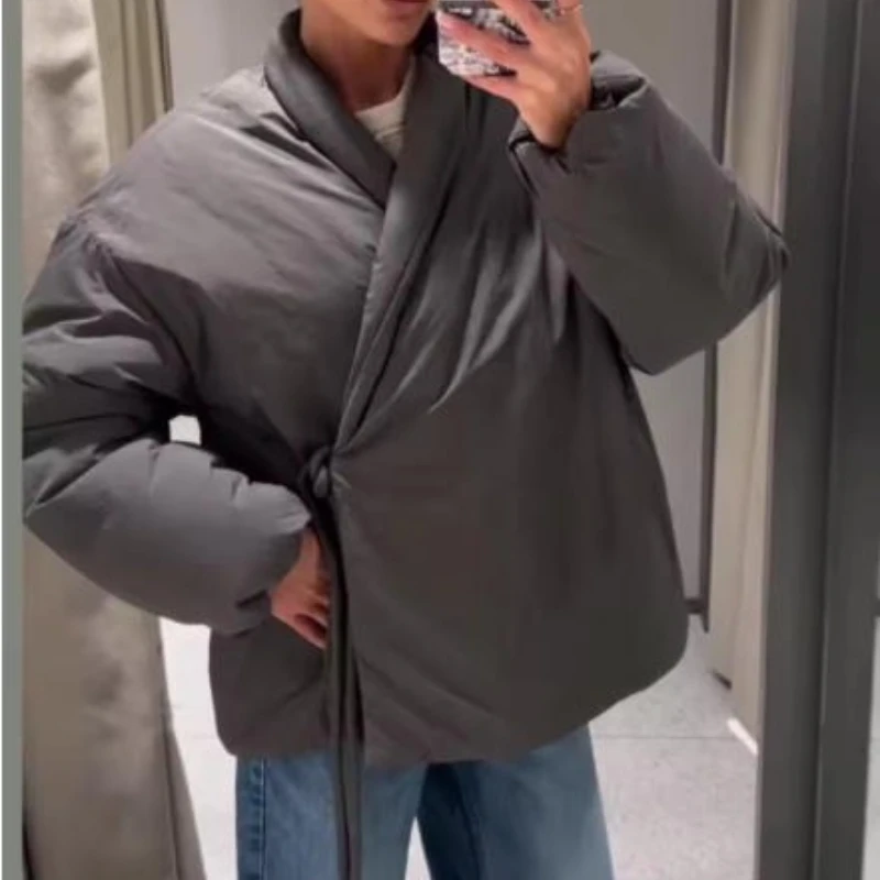 

Fashion Casual Gray Lace Up Coat Women Cotton V-neck Luxury Pocket Thick Jackets Female Street All-match Outwear Top 2025 Autumn