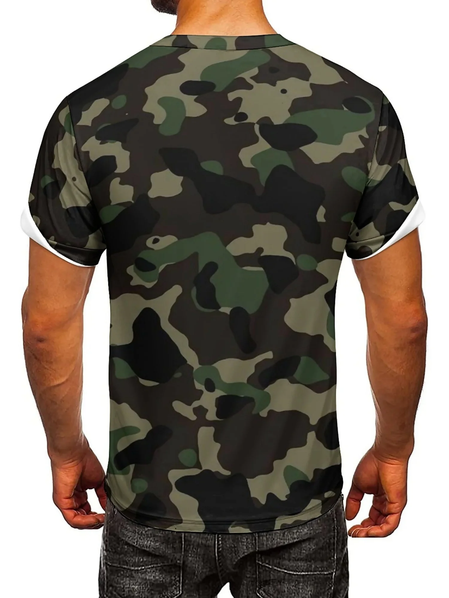 남성용 카모 3D 프린트 반소매 티셔츠 - 통기성, 신축성 있는 원단, 라운드 넥, 흑백 기하학 패턴