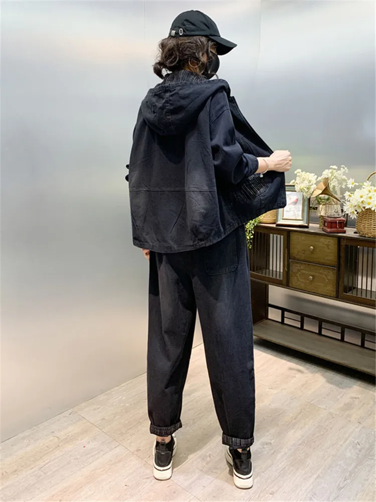 Spring Autumn Hooded Women's Denim Suits 2025 New Loose Female Denim Coat + Fashion High Waisted Harun Jeans Two-Piece Sets