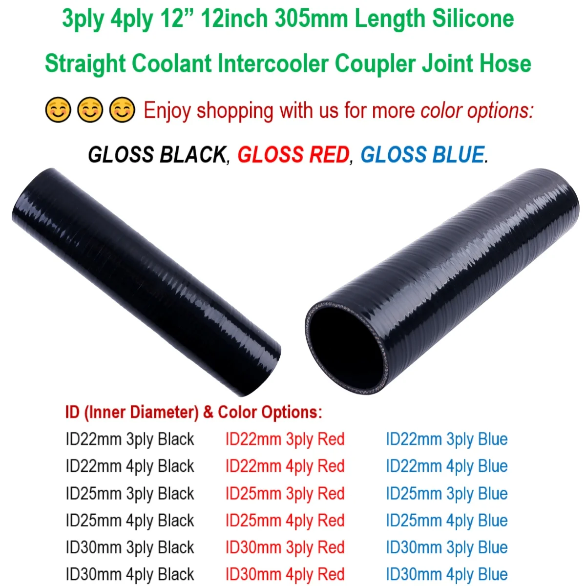 

3ply or 4ply 12” 12inch 305mm Length Straight Coolant Intercooler Intake Coupler Joint Silicone Hose Pipe Tube ID 22mm 25mm 30mm