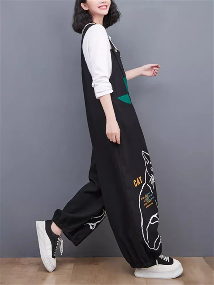 Black Cartoon Printed Jumpsuits for Women Loose Vintage Streetwear Wide Leg Jumpsuits Ladies Denim Overalls Spliced Color Romper