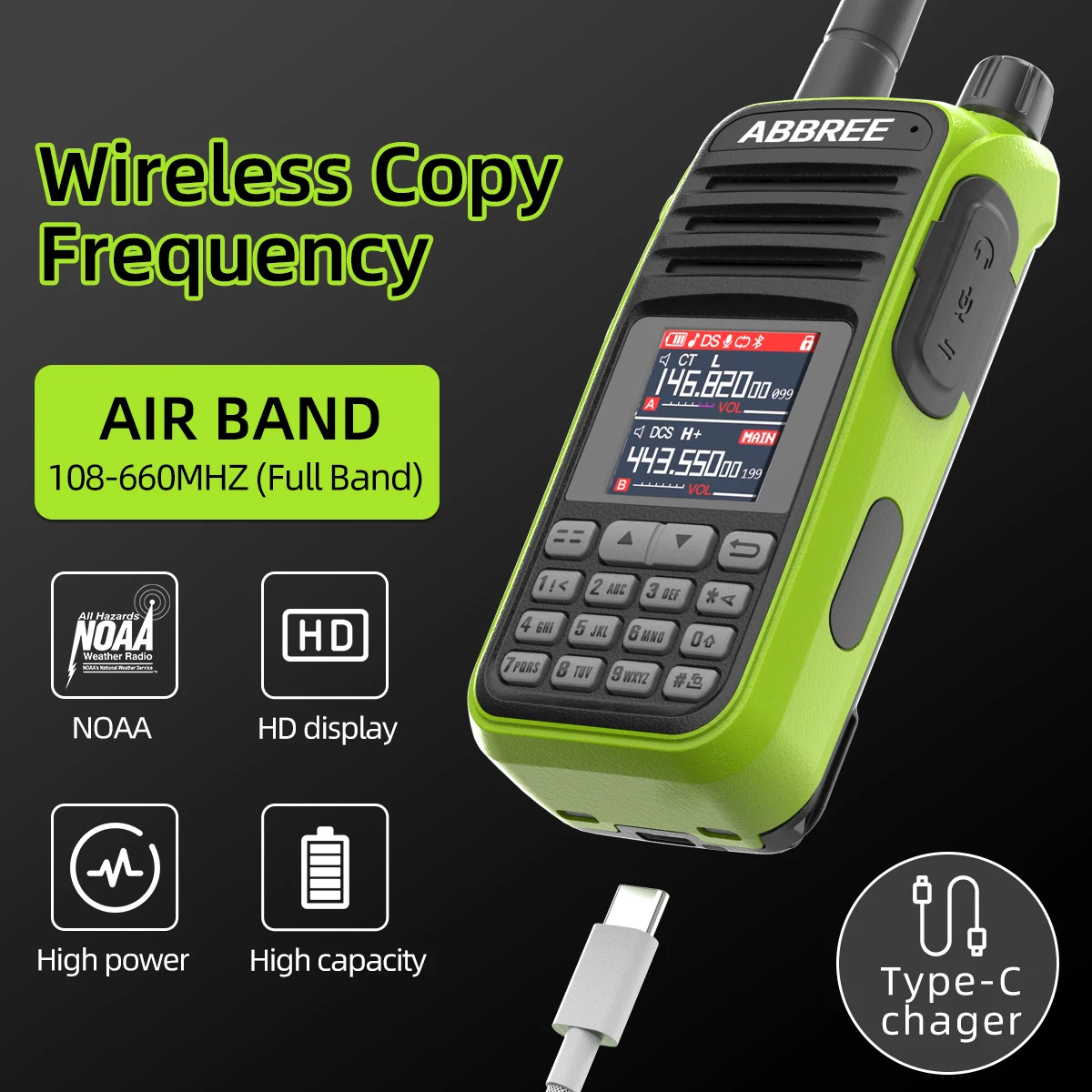 ABBREE AR-730 Walkie Talkie 256CH Multi-Band NOAA VOX Wireless Copy Frequency USB Type-C Charging  Color Police Scanner Aviation image 2