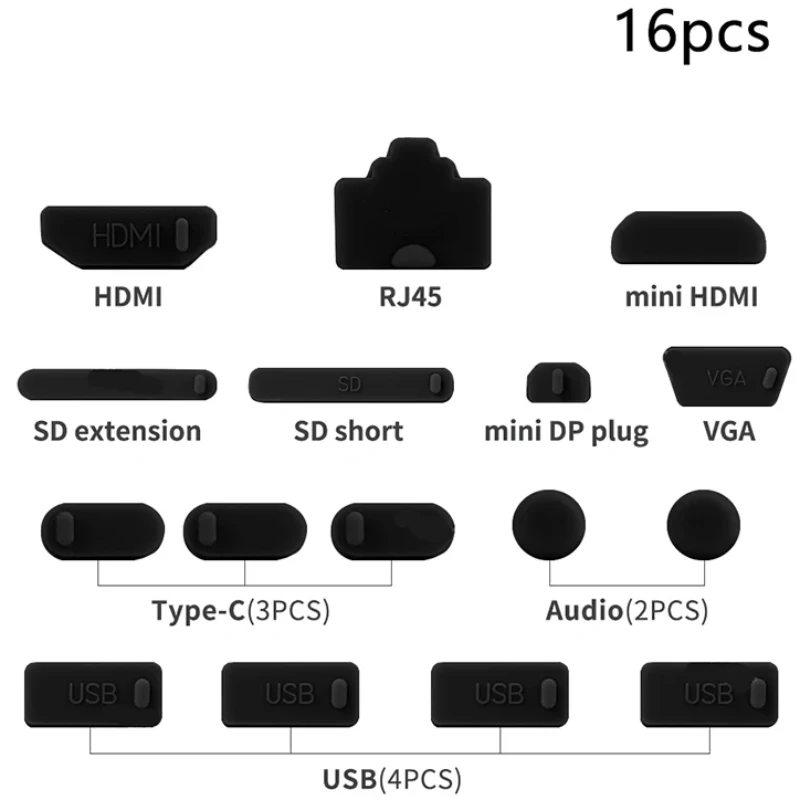 

1set/16pcs Silicone Notebook Anti Dust Plug Cover Stopper Type C Laptop Dustproof USB Port HDMI RJ45 Interface waterproof cover