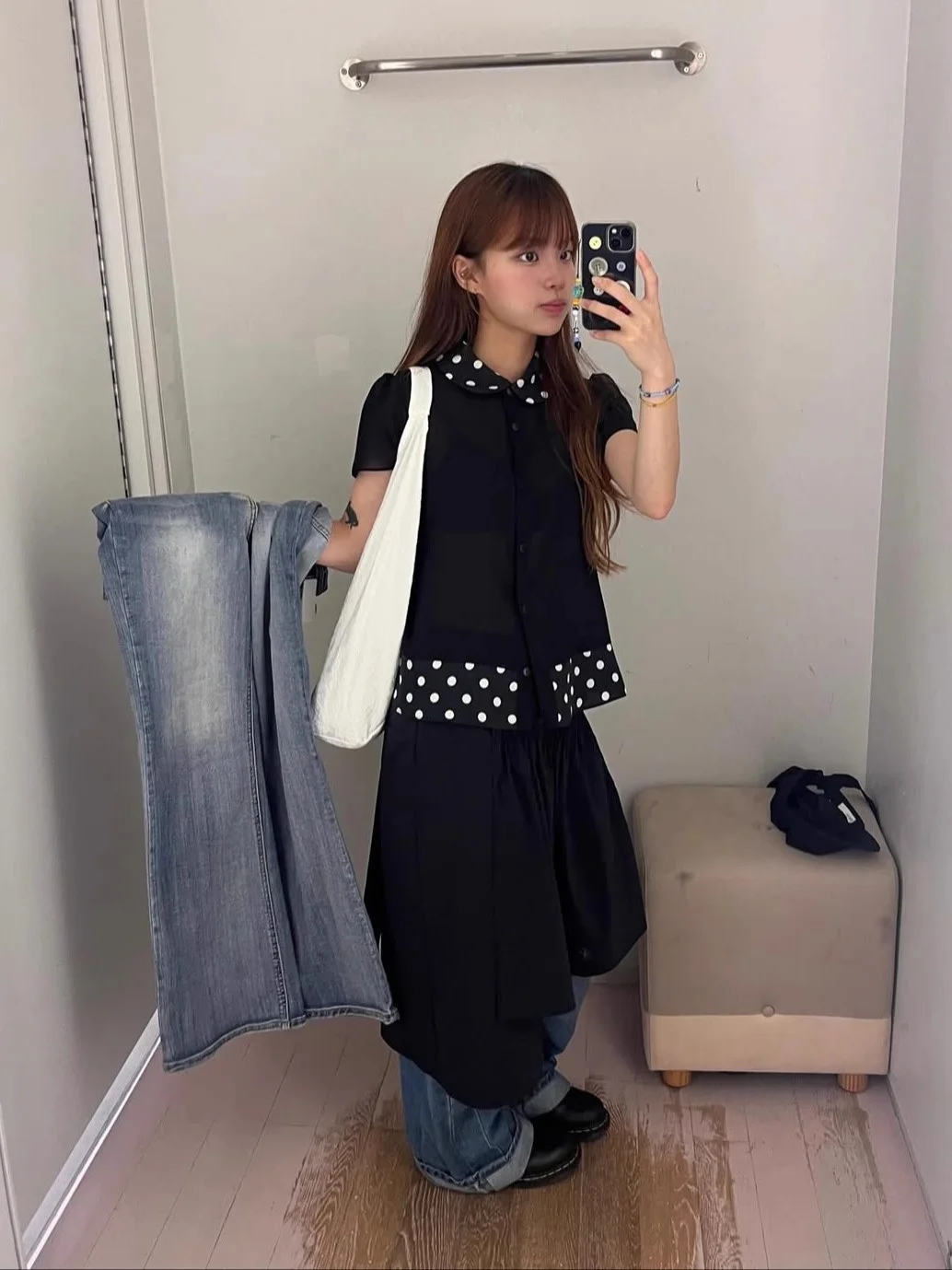 Retro Polka Dot Doll Collar Splice Me Slimming Casual ort Sve irt Top Women SEI Unique Straight Cut Color Blo irt