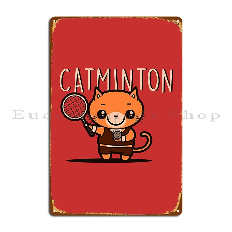 Catminton-póster de placa de Metal de bádminton, cartel de estaño con estampado Vintage divertido, Gato Kawaii, jugando, deportes, Pub de pared