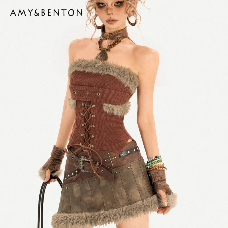 

Оригинальный дизайн субкультуры, сексуальный обтягивающий плюшевый женский топ на бретельках для девочек, осень-зима, новый женский жилет с открытыми плечами для девочек