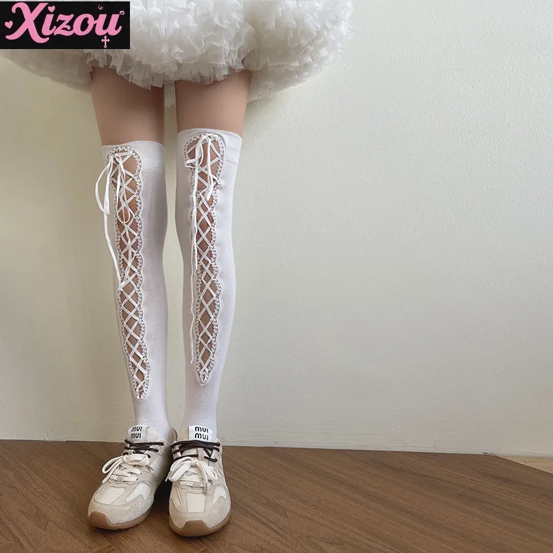 Japanese new product hollow lace design DIY elastic strap jk girl college wind tube over knee thigh socks for women