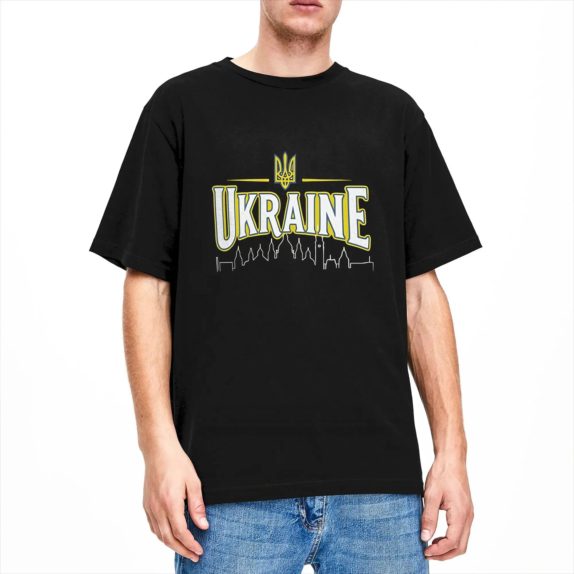 Ukraine Text with Tryzub Kyiv Silhouette Cotton T Shirt For Men's Summer  Vintage T Shirts O-Neck Harajuku Tees Big Size Tops