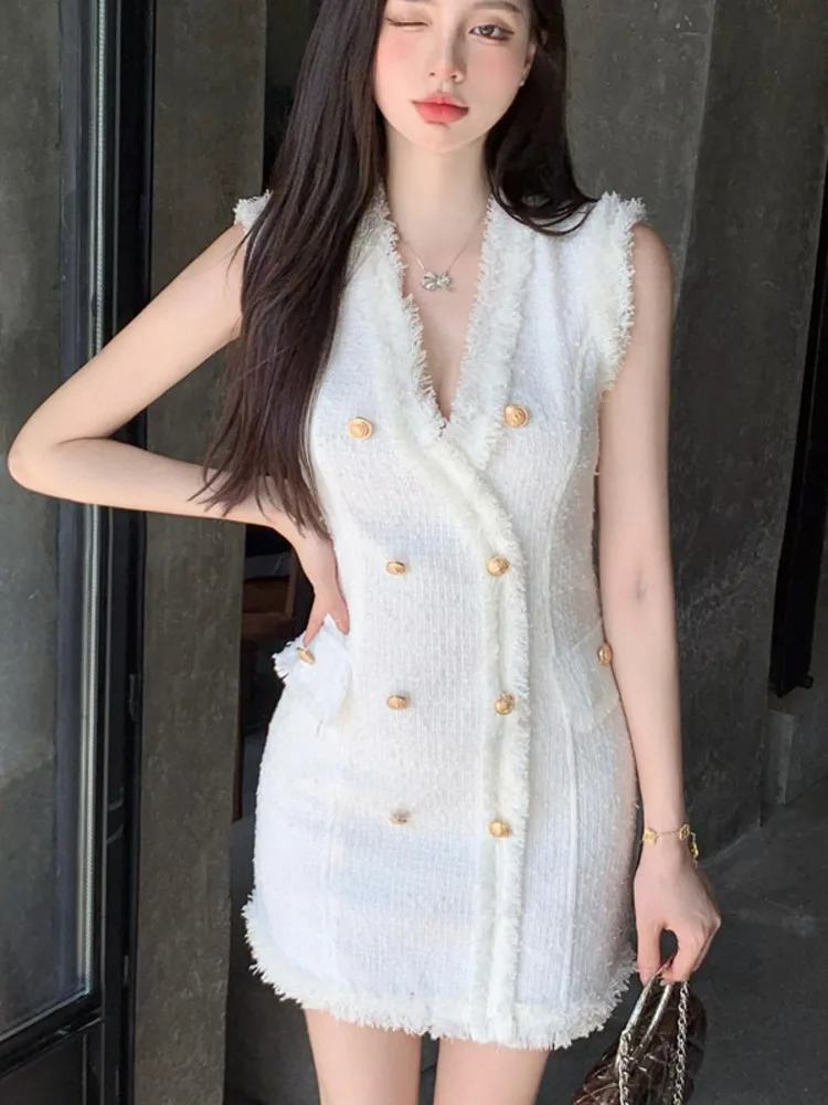 High Quality Korean Fashion Casual Small Fragrance Tweed Dresses Women French Vintage Woolen Summer Dress Elegant Party Vestidos