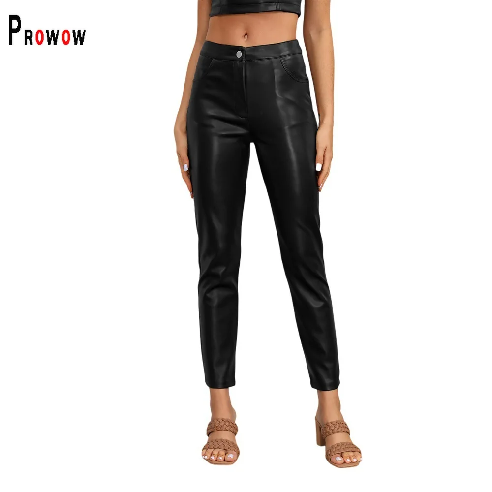 

Prowow Fashion Pu Women's Pant Slim Fit Solid Color Female Bottoms Clothing Low Waisted Thin Velvet Fall Trousers Streetwear