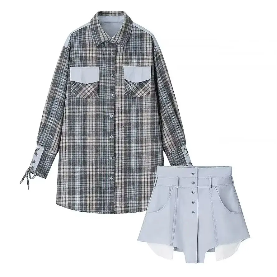 KONDALA Vintage Streetwear Cool Fashion 2025 Women Suit Oversized Plaid Lace-up Shirt+High Waist Mini Skirt Casual Mujer Set