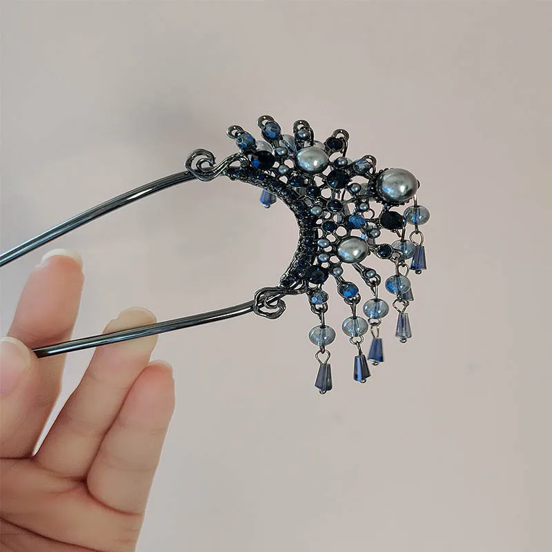 Simple and modern U-shaped pearl hairpins, elegant crystal tassel hairpins, high-end updo hairpins, Hanfu headwear for women
