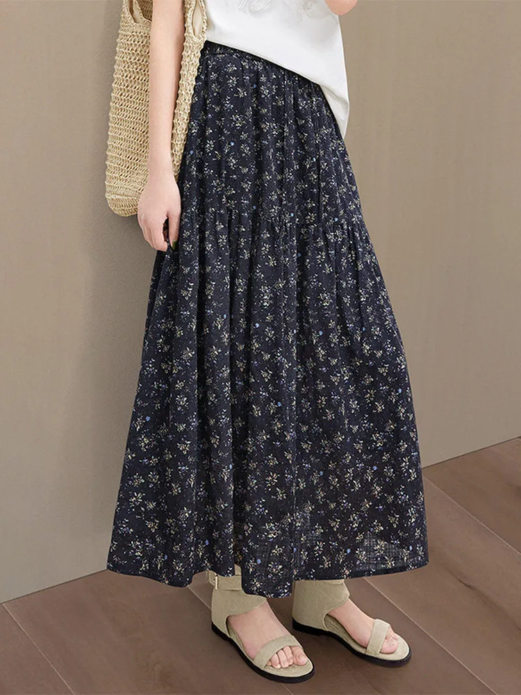 

Spring Summer Floral Cotton Linen A-Line Midi Skirt Women Loose Fit Elastic Waist Skirts Korean Style Breathable Skirts