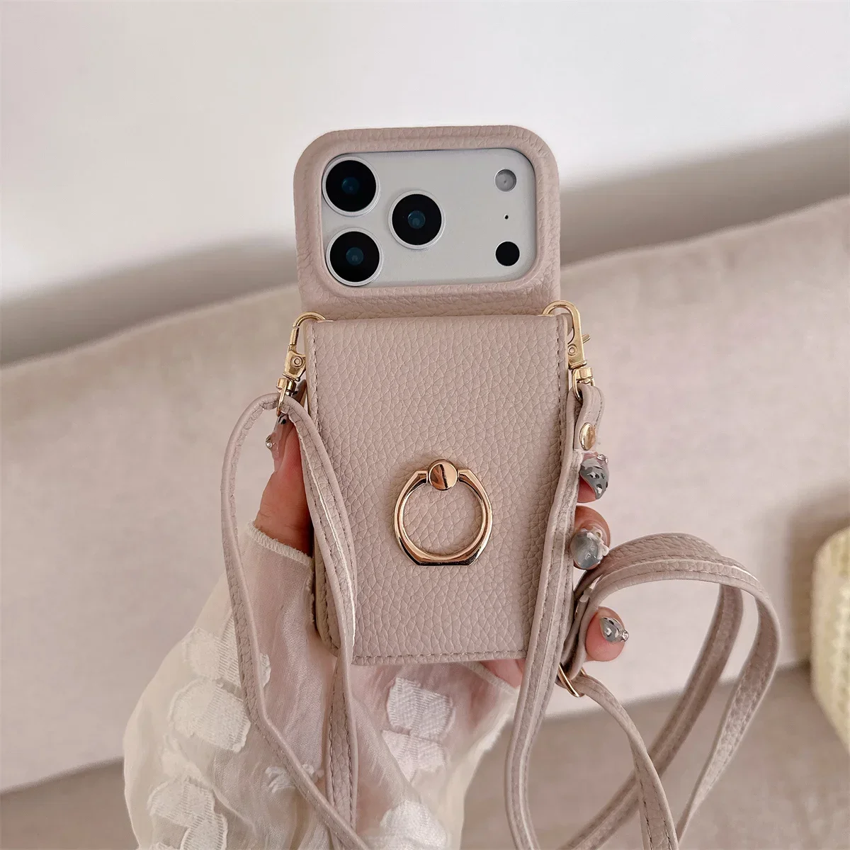 Lanière à bandoulière avec anneau porte-carte, étui portefeuille avec miroir de maquillage pour IPhone 17 Air 16E 15 14 Plus 13 12 11 Pro Max