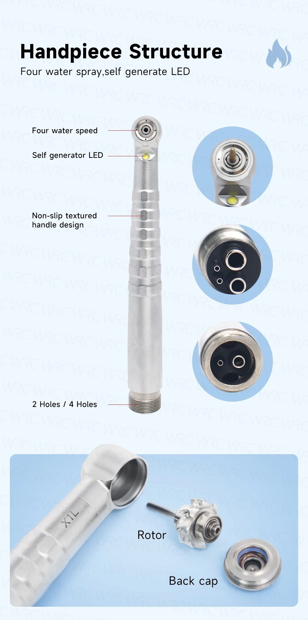 LED High Speed Dental Handpiece Anti Suction Design 4 Hole Water Spray Ceramic Bearing Pneumatic Turbine Dental Instrument
