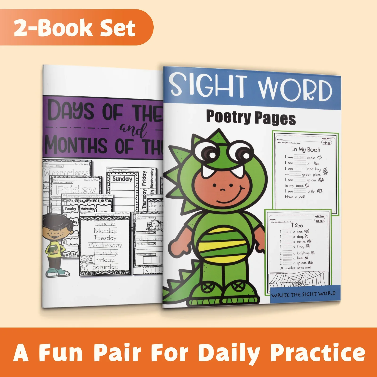2-Book Early Reading and Calendar Skills Collection for Kids, Sight Word Poetry Pages and Days of the Week and Months of the